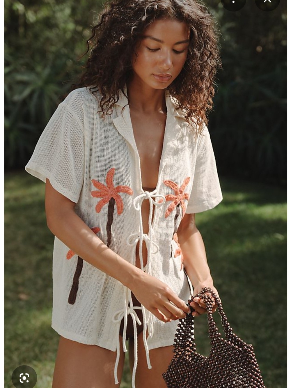 Cream Crochet Front-Tie Cover-Up with Coral Palm Embroidery